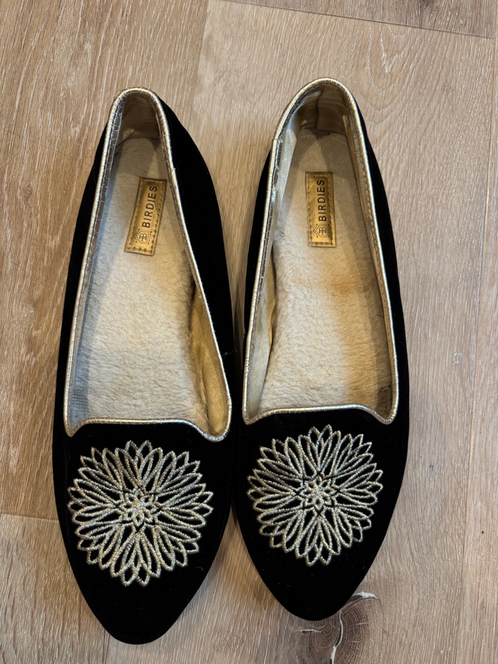 Birdies Black Velvet Pointed-Toe Flats with Gold Embroidery